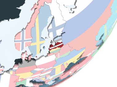 Letonya katıştırılmış bayrak ile parlak siyasi dünya üzerinde. 3D çizim.