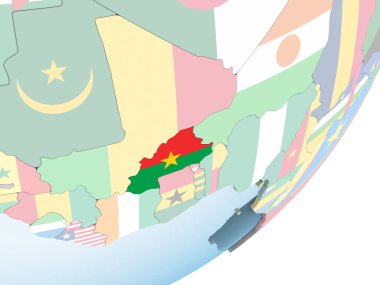 Burkina Faso katıştırılmış bayrak ile parlak siyasi dünya üzerinde. 3D çizim.