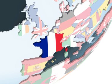 Fransa katıştırılmış bayrak ile parlak siyasi dünya üzerinde. 3D çizim.