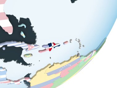 Dominik Cumhuriyeti katıştırılmış bayrak ile parlak siyasi dünya üzerinde. 3D çizim.