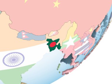 Bangladeş katıştırılmış bayrak ile parlak siyasi dünya üzerinde. 3D çizim.