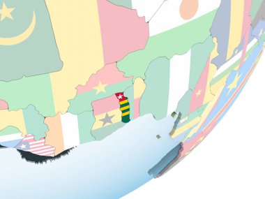 Togo katıştırılmış bayrak ile parlak siyasi dünya üzerinde. 3D çizim.