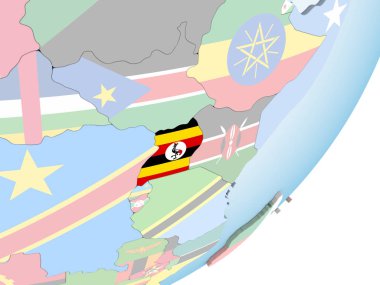 Uganda katıştırılmış bayrak ile parlak siyasi dünya üzerinde. 3D çizim.