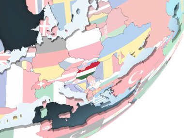 Macaristan katıştırılmış bayrak ile parlak siyasi dünya üzerinde. 3D çizim.