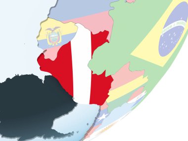 Peru katıştırılmış bayrak ile parlak siyasi dünya üzerinde. 3D çizim.