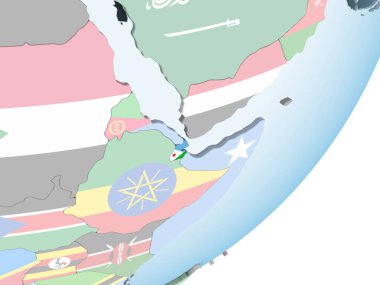 Cibuti katıştırılmış bayrak ile parlak siyasi dünya üzerinde. 3D çizim.