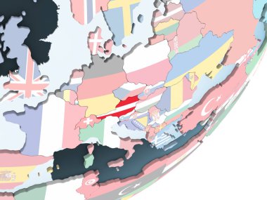 Avusturya katıştırılmış bayrak ile parlak siyasi dünya üzerinde. 3D çizim.