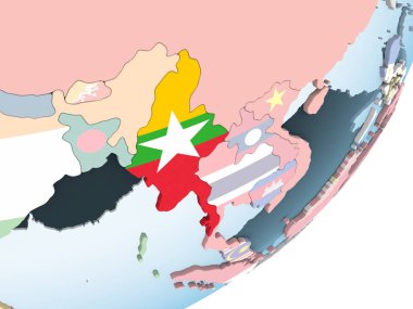 Myanmar katıştırılmış bayrak ile parlak siyasi dünya üzerinde. 3D çizim.