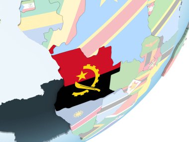 Angola katıştırılmış bayrak ile parlak siyasi dünya üzerinde. 3D çizim.