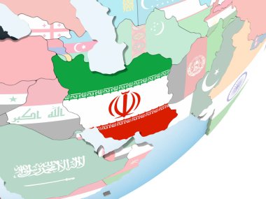 Iran katıştırılmış bayrak ile parlak siyasi dünya üzerinde. 3D çizim.