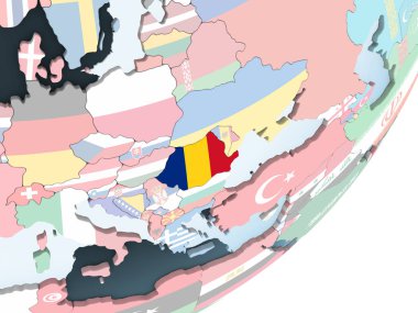 Romanya katıştırılmış bayrak ile parlak siyasi dünya üzerinde. 3D çizim.