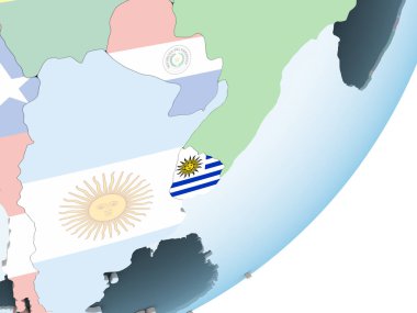 Uruguay katıştırılmış bayrak ile parlak siyasi dünya üzerinde. 3D çizim.