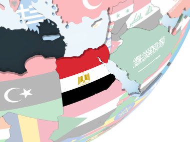 Mısır katıştırılmış bayrak ile parlak siyasi dünya üzerinde. 3D çizim.