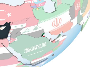 Kuveyt katıştırılmış bayrak ile parlak siyasi dünya üzerinde. 3D çizim.