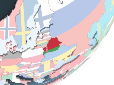 Beyaz Rusya katıştırılmış bayrak ile parlak siyasi dünya üzerinde. 3D çizim.