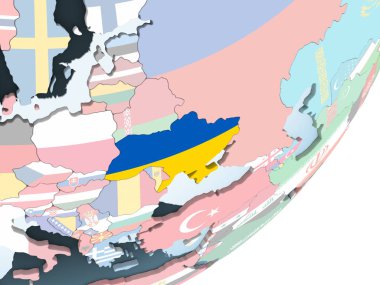 Ukrayna katıştırılmış bayrak ile parlak siyasi dünya üzerinde. 3D çizim.