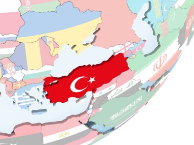Türkiye katıştırılmış bayrak ile parlak siyasi dünya üzerinde. 3D çizim.