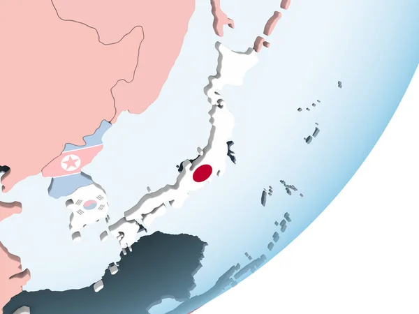 日本在明亮的政治地球仪上嵌入标志 — 图库照片