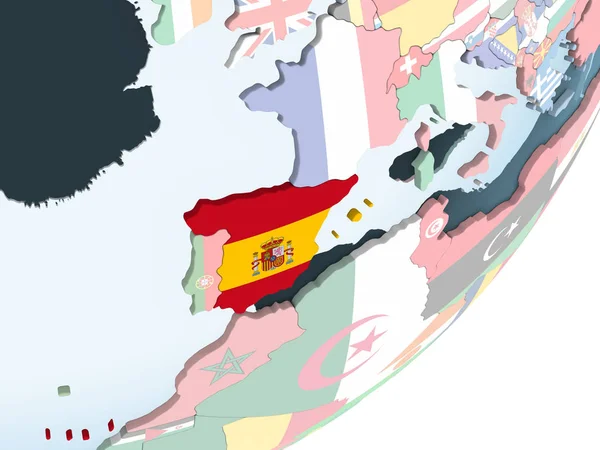 Espanha Brilhante Globo Político Com Bandeira Embutida Ilustração — Fotografia de Stock
