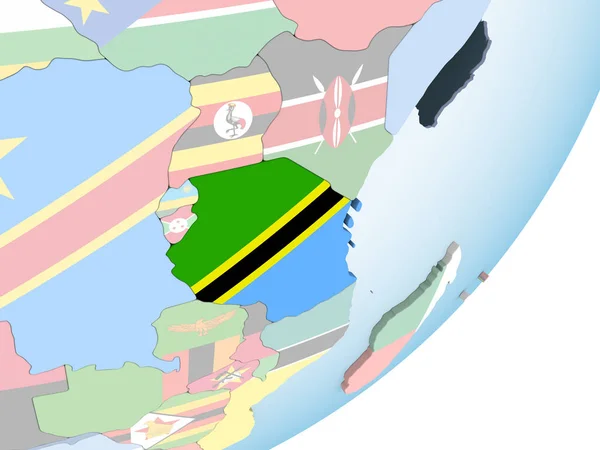 Tanzania Jasne Globus Polityczny Flagą Osadzonych Ilustracja — Zdjęcie stockowe