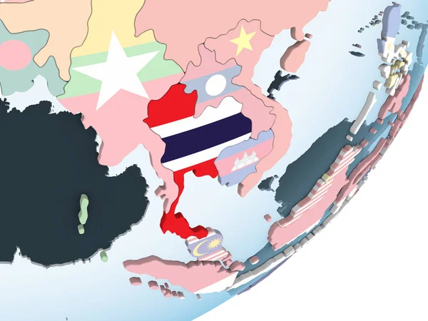 Thaïlande Sur Globe Politique Lumineux Avec Drapeau Intégré Illustration — Photo