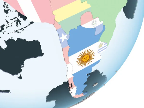 Argentina Brillante Globo Político Con Bandera Incrustada Ilustración — Foto de Stock