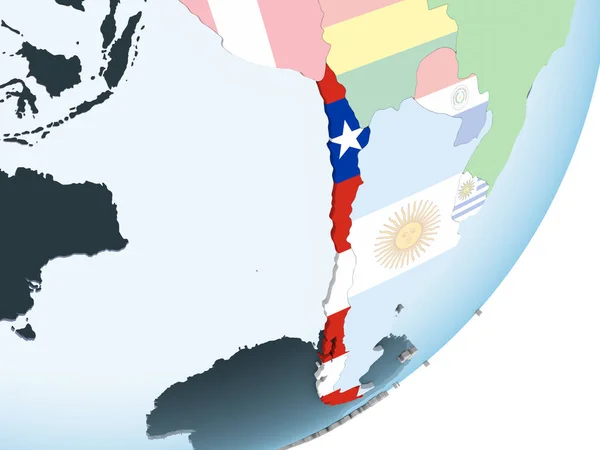 Chile Brillante Globo Político Con Bandera Incrustada Ilustración —  Fotos de Stock