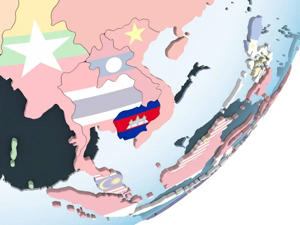Cambodge Sur Globe Politique Lumineux Avec Drapeau Intégré Illustration — Photo
