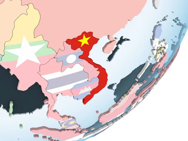 Vietnam Auf Einem Hellen Politischen Globus Mit Eingebetteter Flagge Illustration — Stockfoto