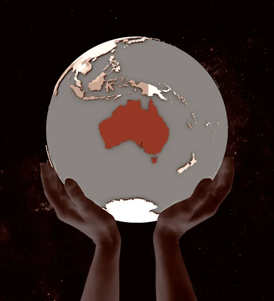 Australia on globe in hands in space. 3D illustration.