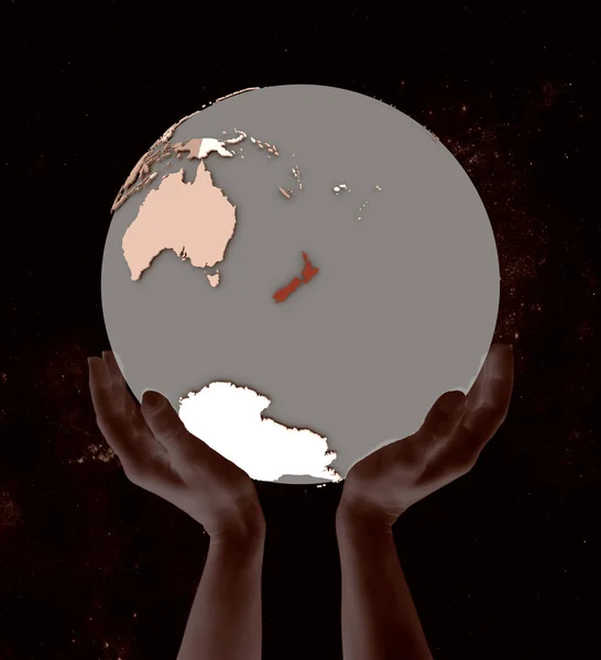 Yeni Zelanda Dünya Uzayda Elinde Üzerinde Çizim — Stok fotoğraf