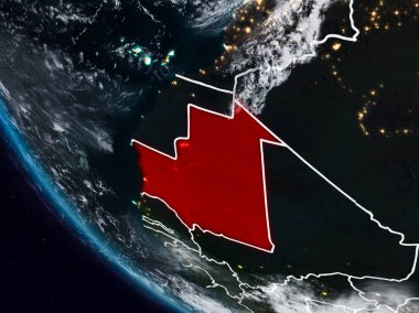 Uzaydan görünür ülke sınırları ile Moritanya geceleri. 3D çizim. Nasa tarafından döşenmiş bu görüntü unsurları.