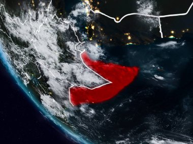 Uzaydan görünür ülke sınırları ile gelen Somali geceleri. 3D çizim. Nasa tarafından döşenmiş bu görüntü unsurları.
