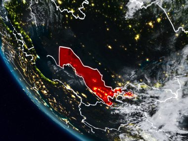 Uzaydan görünür ülke sınırları ile Özbekistan geceleri. 3D çizim. Nasa tarafından döşenmiş bu görüntü unsurları.
