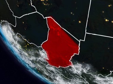 Görünür ülke sınırları ile uzaydan Chad geceleri. 3D çizim. Nasa tarafından döşenmiş bu görüntü unsurları.