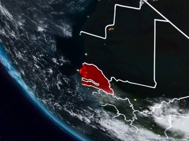 Görünür ülke sınırları ile uzaydan Senegal geceleri. 3D çizim. Nasa tarafından döşenmiş bu görüntü unsurları.