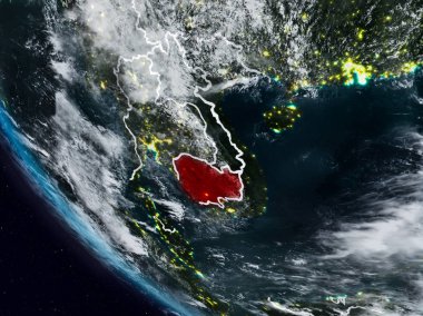 Görünür ülke sınırları ile uzaydan Kamboçya geceleri. 3D çizim. Nasa tarafından döşenmiş bu görüntü unsurları.