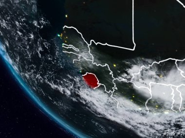 Sierra Leone uzaydan görünür ülke sınırları ile gece. 3D çizim. Nasa tarafından döşenmiş bu görüntü unsurları.