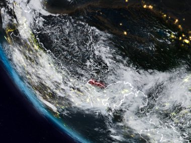 Uzaydan görünür ülke sınırları ile Bhutan geceleri. 3D çizim. Nasa tarafından döşenmiş bu görüntü unsurları.