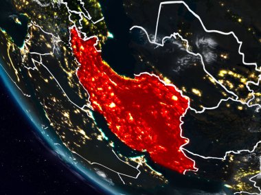 Uzaydan görünür ülke sınırları ile Iran geceleri. 3D çizim. Nasa tarafından döşenmiş bu görüntü unsurları.