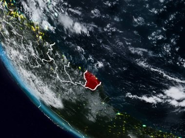 Fransız Guyanası uzaydan görünür ülke sınırları ile gece. 3D çizim. Nasa tarafından döşenmiş bu görüntü unsurları.