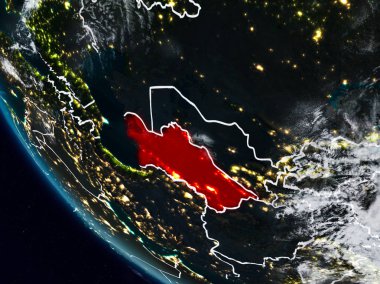 Uzaydan görünür ülke sınırları ile Türkmenistan geceleri. 3D çizim. Nasa tarafından döşenmiş bu görüntü unsurları.