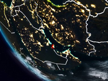 Uzaydan görünür ülke sınırları ile Katar gece. 3D çizim. Nasa tarafından döşenmiş bu görüntü unsurları.