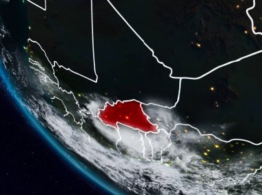 Burkina Faso uzaydan görünür ülke sınırları ile gece. 3D çizim. Nasa tarafından döşenmiş bu görüntü unsurları.