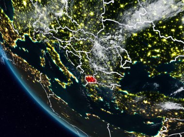 Uzaydan görünür ülke sınırları ile Makedonya geceleri. 3D çizim. Nasa tarafından döşenmiş bu görüntü unsurları.