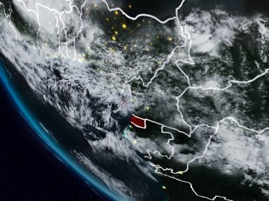 Ekvator Ginesi uzaydan görünür ülke sınırları ile gece. 3D çizim. Nasa tarafından döşenmiş bu görüntü unsurları.