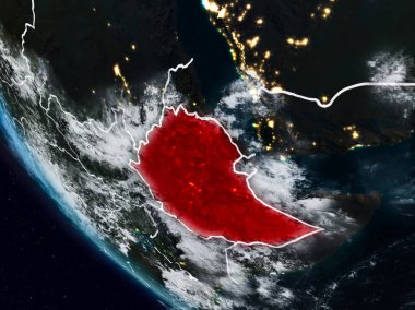 Görünür ülke sınırları ile uzaydan Etiyopya geceleri. 3D çizim. Nasa tarafından döşenmiş bu görüntü unsurları.