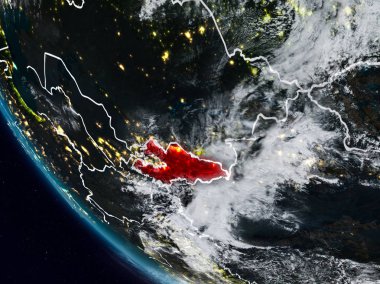 Uzaydan görünür ülke sınırları ile Kırgızistan geceleri. 3D çizim. Nasa tarafından döşenmiş bu görüntü unsurları.