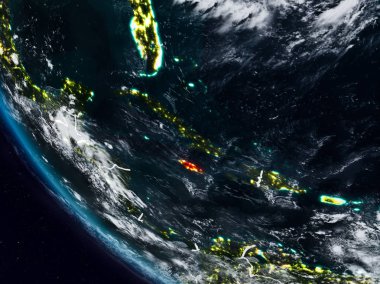 Alanı görünür ülke sınırları ile Jamaika'dan geceleri. 3D çizim. Nasa tarafından döşenmiş bu görüntü unsurları.