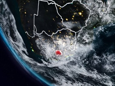 Görünür ülke sınırları ile uzaydan Lesotho geceleri. 3D çizim. Nasa tarafından döşenmiş bu görüntü unsurları.